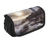 Lighthouse Rocks Seaside Pencil Case Organizer Large Capacity Cute Pen Pouch with 3 Compartment Office Stationery Large Pencil Bags with Zipper Fabric Pen Bag for Adults Portable Makeup Bag (Black)