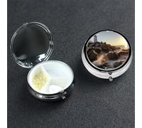 Lighthouse Rocks Seaside Pill Box 3 Compartment Round Portable Pill Case for Pocket or Purse Small Weekly Medicine Planner Travel Pillbox with Mirror Decorative Metal Vitamin Holder Gifts