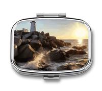 Lighthouse Rocks Seaside Portable Pill Box 2 Compartments Travel Case with Square Mirror Metal Medicine Storage Medicine Box Medicine Box for Vitamins and