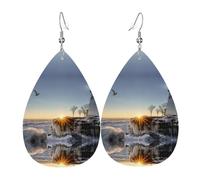 Lighthouse Rocks Seaside Printed Teardrop Pendant Leather Earrings | Lightweight and Versatile Earrings | Suitable for Daily Commute and Date Wear