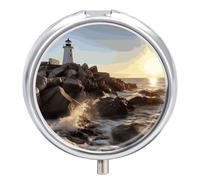 Lighthouse Rocks Seaside Round Pill Box 3 Compartment Small Pill Box Round Portable Pill Case to Hold Vitamins Medication Fish Oil and Supplements Travel Purse Pocket Gift
