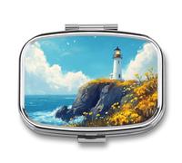 Lighthouse Rocky Coast Yellow Flowers Waves Pill Box 2 Compartment Portable Medicine Pill Case Travel Pill Organizer for Pocket Purse