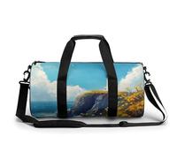 Lighthouse Rocky Coast Yellow Flowers Waves Travel Gym Bag for Women Men Cylindrical Duffle Bag Sport Workout Bag with Shoulder Strap