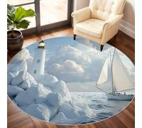 Lighthouse Round Area Rug 120cm, Sailboat Rug, Sea Circle Rugs, Low-Pile Round Rugs for Kitchen Dining Living Room Bathroom Beneath the Furniture