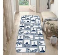 Lighthouse Runner Rug, Coastal Nautical Palm Tree Sailboat Summer Navy Blue Non-Slip Home Floor Rectangle Print Carpet for Kitchen Bedside Entryway Hallway Decor 2x8 Ft