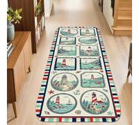 Lighthouse Runner Rug, Coastal Nautical Sailboat Anchors Summer Navy Low Pile Sponge Indoor Rectangle Carpet Non Shedding for Kitchen Entryway Bedside Doorway Hallway Decor 2x8 Ft