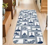 Lighthouse Runner Rug, Nautical Coastal Sailboat Palm Tree Summer Navy Blue Non-Slip Home Indoor Pattern Carpets Non Shedding for Kitchen Entryway Bedside Doorway Hallway Decor 2x8 Ft
