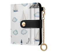 Lighthouse Sailboat Seagull White Print Small Women Wallet RFID Blocking Bifold PU Leather Compact Card Holder with Coin Pocket Zipper Purse for Ladies Women Girls