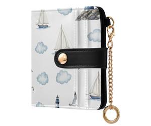 Lighthouse Sailboat Seagull White Print Small Women Wallet RFID Blocking Bifold PU Leather Compact Card Holder with Coin Pocket Zipper Purse for Ladies Women Girls