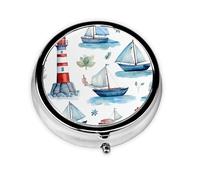 Lighthouse Sailboat Small Pill Box 3 Compartment Portable Pill Box for Purse Pocket Nautical Sea Mini Medicine Organiser for Daily Vitamin Fish Oil Storage