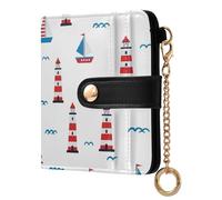 Lighthouse Sailboat Wave White Pattern Small Women Wallet Leather RFID Blocking Bifold Compact Card Holder with Zipper Coin Pocket Purse for Women Girls Ladies