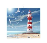 Lighthouse Seagull Dish Drying Mat Absorbent Draining Board Pad for Kitchen Counter Beach Sea Coffee Mat Dishes Drainer Protector with Hanging Loop 16 x 18 Inch