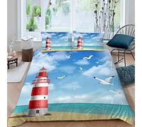 Lighthouse Seagull Duvet Cover Set 3D Printed Summer Beach Bedding Set Single for Kids Boys Girls Bedroom Comforter Cover Soft Microfiber Quilt Cover with Zipper Closure with 2 Pillowcases