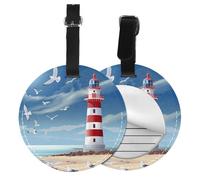 Lighthouse Seagull Round Luggage Tag 4PCS Beach Sea PU Leather Travel Bag Tag ID Labels Name Card Holder wtih Buckle for Luggage Suitcase Backpacks