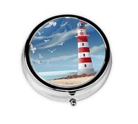 Lighthouse Seagull Small Pill Box 3 Compartment Portable Pill Box for Purse Pocket Beach Sea Mini Medicine Organiser for Daily Vitamin Fish Oil Storage