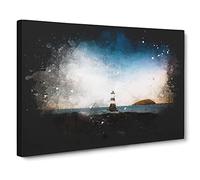 Lighthouse & Seascape At Dusk Paint Splash Canvas Print | Gallery Wrapped 30mm Frame Wall Art | 30x20 inches | Ready to Hang | Coastal Seascape Picture | Living Room Bedroom Lounge Office