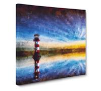 Lighthouse & Seascape during Sunset Painting Modern Canvas Wall Art Print Ready to Hang, Framed Picture for Living Room Bedroom Home Office Décor, 20x20 Inch (50x50 cm)