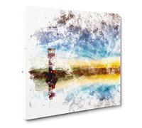 Lighthouse & Seascape during Sunset Watercolour Modern Canvas Wall Art Print Ready to Hang, Framed Picture for Living Room Bedroom Home Office Décor, 14x14 Inch (35x35 cm)