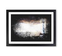 Lighthouse & Seascape Evening Glow Paint Splash Framed Print | A2 Black Framed Wall Art | Ready to Hang | Modern Cityscape Picture | Living Room Bedroom Lounge Office
