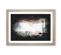 Lighthouse & Seascape Evening Glow Paint Splash Framed Print | A2 Oak Framed Wall Art | Ready to Hang | Modern Cityscape Picture | Living Room Bedroom Lounge Office
