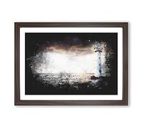Lighthouse & Seascape Evening Glow Paint Splash Framed Print | A2 Walnut Framed Wall Art | Ready to Hang | Modern Cityscape Picture | Living Room Bedroom Lounge Office