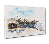Lighthouse & Seascape in Canada Watercolour Canvas Print | Gallery Wrapped 30mm Frame Wall Art | 30x20 inches | Ready to Hang | Modern Seascape Picture | Living Room Bedroom Lounge Office
