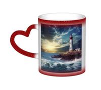 Lighthouse Seaside Coffee Mug with Handle 11 Oz, Color Changing Cups In The Sky, Heat Sensitive Magic Funny Art Mug, Unique Coffee Tea Cup Porcelain Mugs Gift for Women Men Red