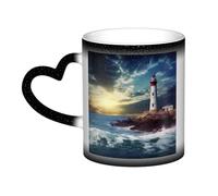 Lighthouse Seaside Coffee Mug with Handle 11 Oz, Color Changing Cups In The Sky, Heat Sensitive Magic Funny Art Mug, Unique Coffee Tea Cup Porcelain Mugs Gift for Women Men Black