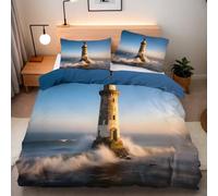 Lighthouse Seaside Duvet Cover Set, 3D Reversible Nature Scenery Printed Quilt Cover with Zipper Closure, Soft Easy Care Bedding 230 x 220 cm