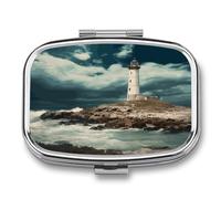 Lighthouse Seaside Pill Box 2 Compartment Small Square Pills Case Portable for Pocket Pill Organizer Travel Metal Pill Holder for Office Home Vitamin Medicine Fish Oil
