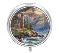 Lighthouse Seaside Pill Case Box with 3 Compartment Medicine Vitamin Organizer for Purse Pocket 5x5cm