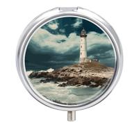 Lighthouse Seaside Round Pill Box 3 Compartment Small Pill Box Round Portable Pill Case to Hold Vitamins Medication Fish Oil and Supplements Travel Purse Pocket Gift