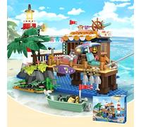 Lighthouse & Seaside Village Building Set - Seaside Harbor Island Boat Tour Coastal Cabin, Adventure Camp Boat & Palm Trees - Creative Architecture Toy Kit for Adults & Kids 6+