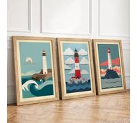 Lighthouse Sentinels Coastal Set of 3 Framed Wall Art Prints A2