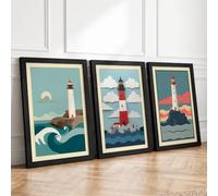 Lighthouse Sentinels Coastal Set of 3 Framed Wall Art Prints A2