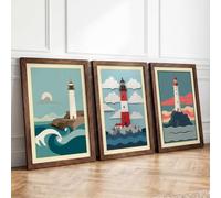 Lighthouse Sentinels Coastal Set of 3 Framed Wall Art Prints A3