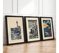 Lighthouse Sentinels Coastal Set of 3 Framed Wall Art Prints A4
