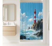 Lighthouse Shower Curtain, Coastal Blue Red Ocean Decor, Summer Nautical Beach Style Waterproof Fabric Bathroom Set with Hooks 36x72 Inch