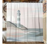 Lighthouse Shower Curtain, Soft Grey Blue and Cream Coastal Theme Shower Curtain for Bathroom Decor, Nautical Style Modern Waterproof Fabric Shower Curtain Set with Hooks 72x72 Inch