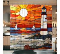 Lighthouse Shower Curtain, Stained Glass Nautical Decor for Beach Bathroom, Summer Coastal Modern Art Waterproof Fabric Shower Curtain Set with Hooks 72x78 Inch