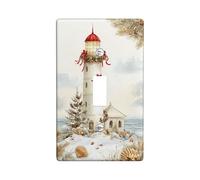 Lighthouse Single Light Switch Cover Plate, Christmas Coastal Xmas Tree Shells Red Plastic Standard Size Toggle Light Switch Cover for Home Living Room New Apartment Decor (Single)