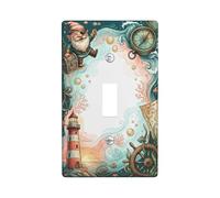Lighthouse Single Light Switch Cover Plate, Nautical Fanciful Compass Treasure Chest Summer Teal Plastic Standard Size Decorative Wall Plates for Home Living Room Bedroom Bathroom Decor (Single)