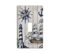 Lighthouse Single Light Switch Cover Plate, Nautical Vintage Ship Anchors Summer Blue Plastic Standard Size Wall Switch Plates Accents for Bedroom Bathroom Kitchen Entrance Decor (Single)