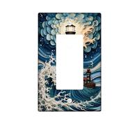 Lighthouse Single Rocker Light Switch Cover, Nautical Coastal Waves Clouds Summer Blue Plastic Standard Size Switch Plate Decorative for Bedroom Bathroom Kitchen Entrance Decor