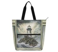 Lighthouse Sketch Story Black White Kids Tote Bags for Kids Students Adults Large School Beach Bag Shopping Bag with Zipper for School and Playtime Rainbow