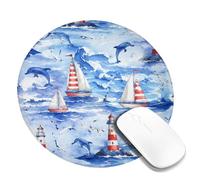 Lighthouse Small Mouse Pad, Coastal Nautical Sailboat Dolphin Summer Blue Round Rubber Smooth Aesthetic Mousepads Decor for Home Office Work Gaming Desk Round 8x8 Inch