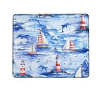 Lighthouse Small Mouse Pad, Coastal Nautical Sailboat Dolphin Summer Blue Square Rubber Washable Portable Mini Desk Mousepad Idea for Home Office Desk Laptop Gamers Gift Square 8x10 Inch