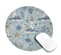 Lighthouse Small Mouse Pad, Coastal Nautical Starfish Shell Summer Blue Round Rubber Washable Aesthetic Mousepads Idea for Home Office Desk Laptop Gamers Gift Round 8x8 Inch