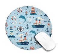 Lighthouse Small Mouse Pad, Nautical Playful Dolphin Anchors Summer Blue Round Rubber Washable Portable Travel Mousepad Desk Decor for Office Home Dorm Laptop Round 8x8 Inch