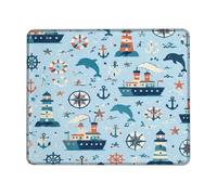 Lighthouse Small Mouse Pad, Nautical Playful Dolphin Anchors Summer Blue Square Rubber Non Slip Mini Travel Desk Mousepad Desk Decor for Office Home Dorm Laptop Square 8x10 Inch